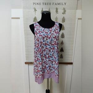 Max Edition Floral Sleeveless Tunic Top XL White Red Blue Border Hem Tank